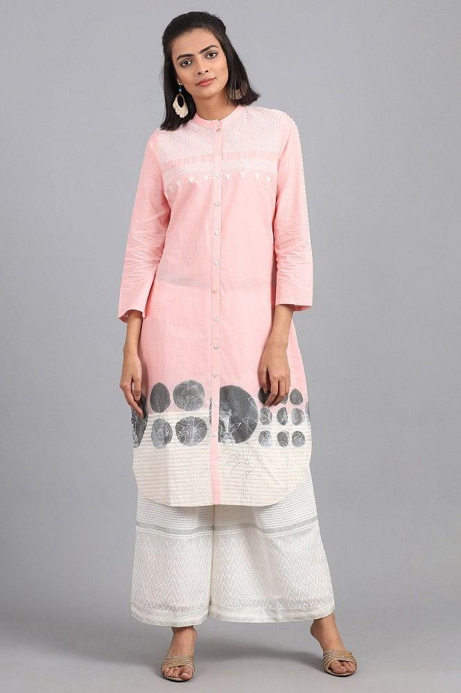 Pink Mandarin Neck Printed kurta - wforwoman