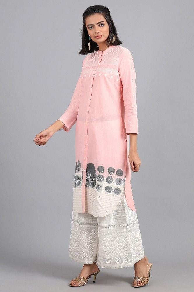 Pink Mandarin Neck Printed kurta - wforwoman