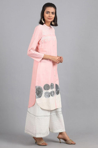 Pink Mandarin Neck Printed kurta - wforwoman