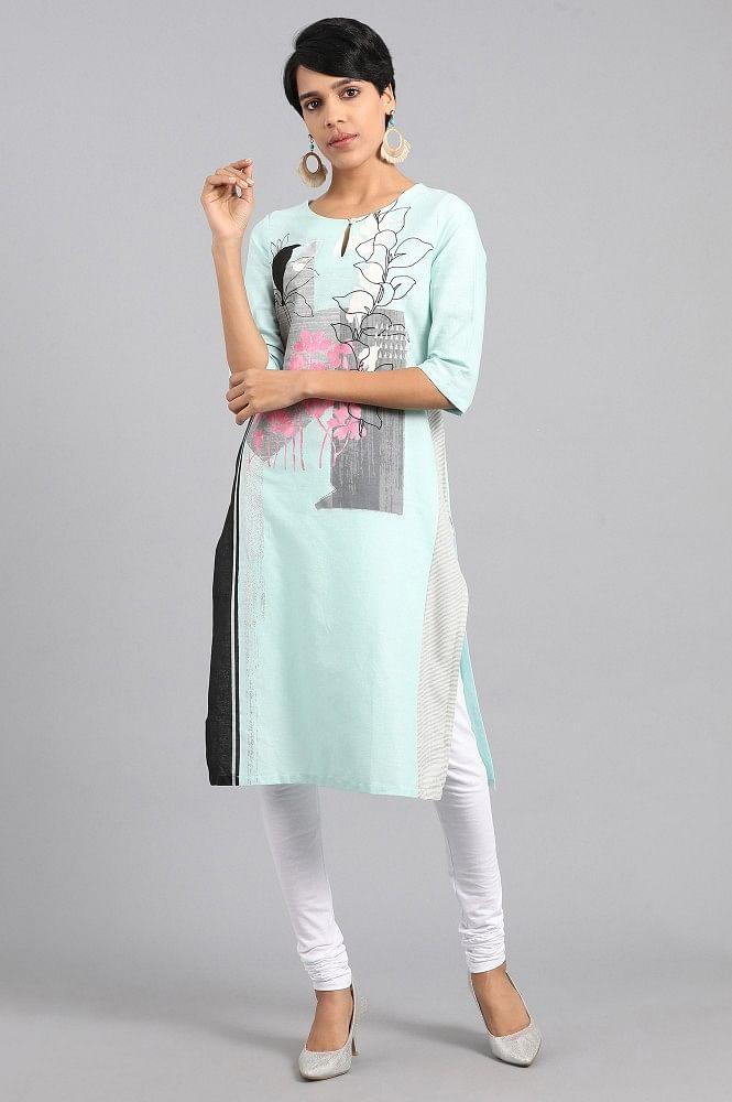 Blue Round Neck Printed kurta - wforwoman