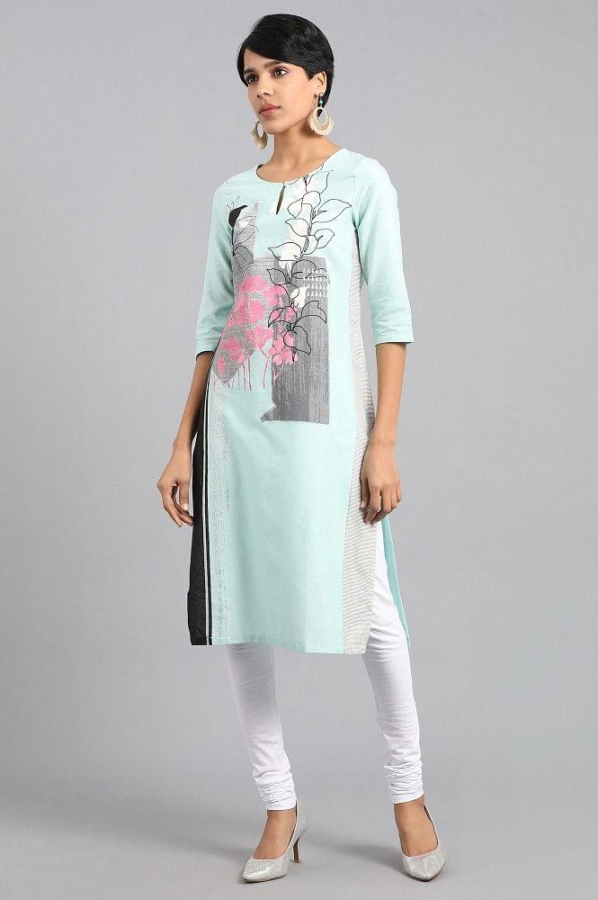 Blue Round Neck Printed kurta - wforwoman