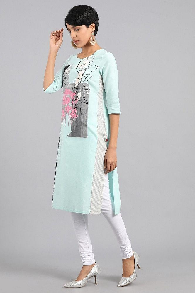 Blue Round Neck Printed kurta - wforwoman