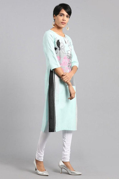 Blue Round Neck Printed kurta - wforwoman