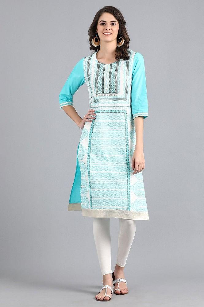 Yellow Round Neck Printed kurta - wforwoman