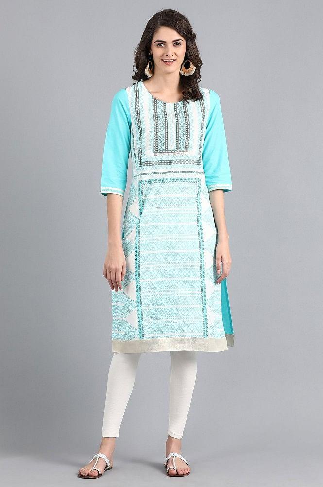 Yellow Round Neck Printed kurta - wforwoman