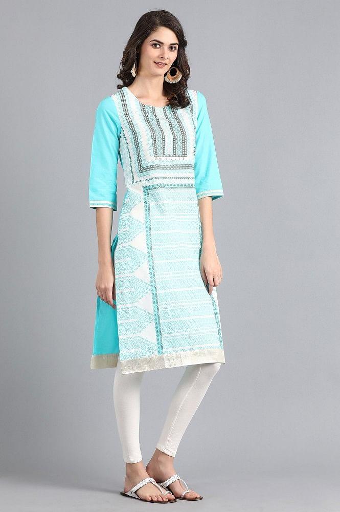 Yellow Round Neck Printed kurta - wforwoman