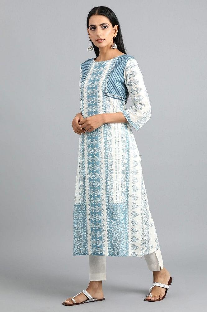 Blue Round Neck Printed kurta - wforwoman