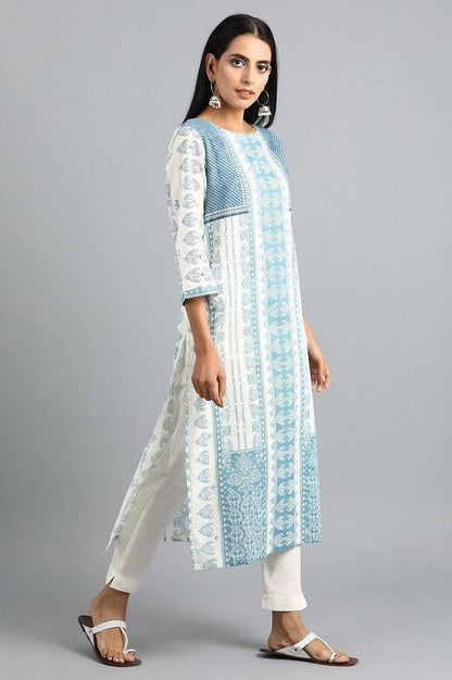 Blue Round Neck Printed kurta - wforwoman