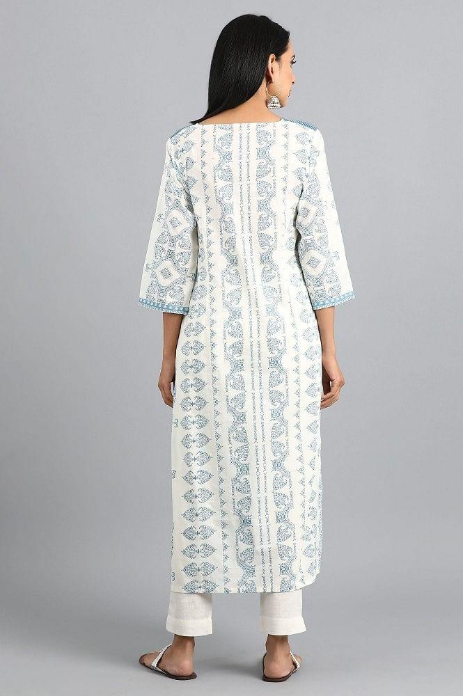 Blue Round Neck Printed kurta - wforwoman