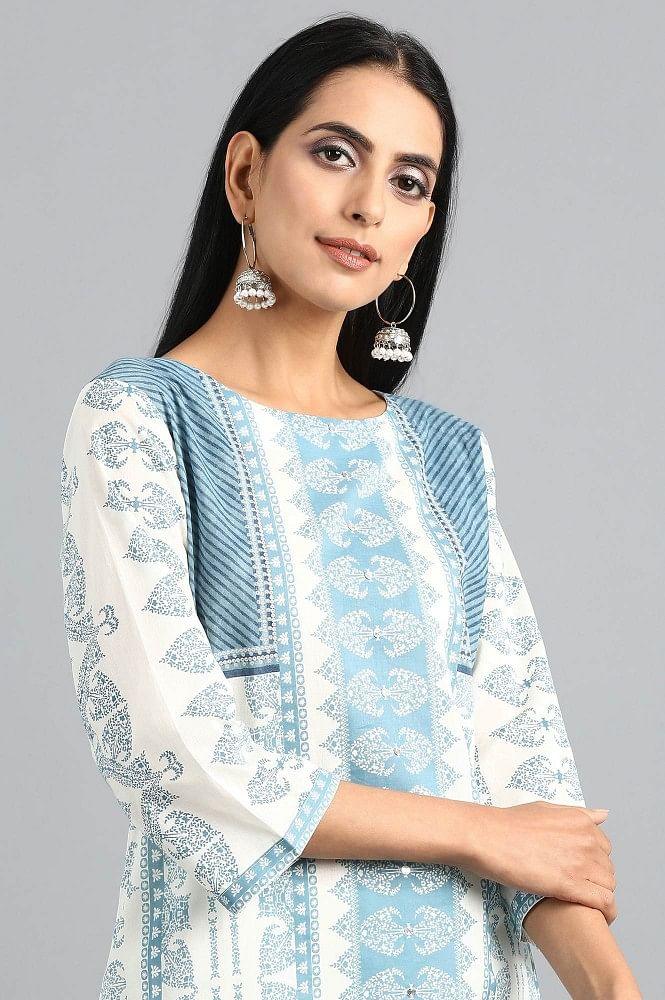 Blue Round Neck Printed kurta - wforwoman