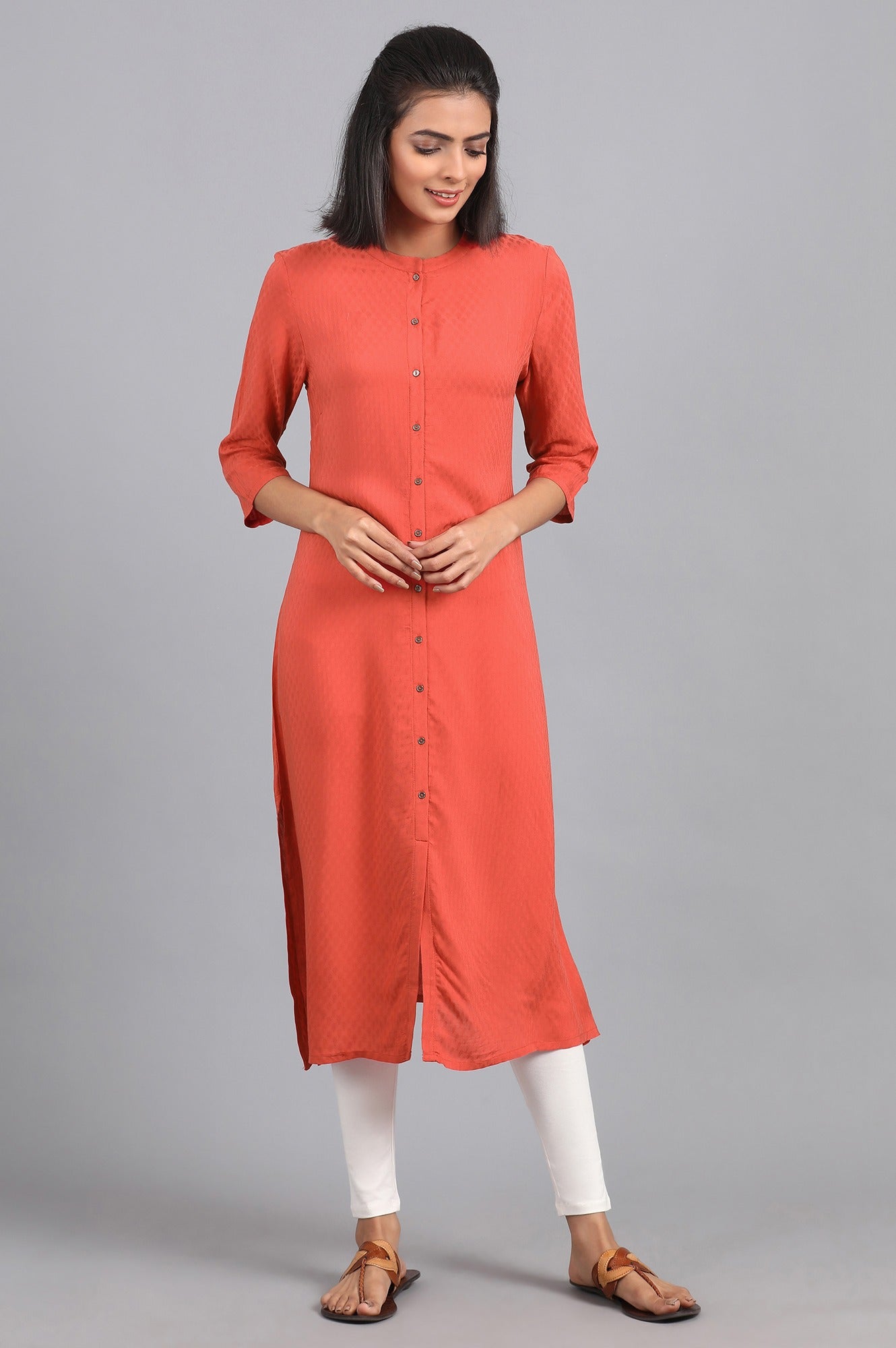 Orange Mandarin Neck Solid kurta