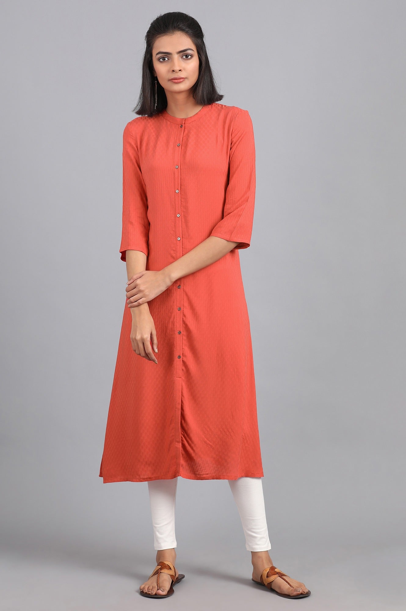 Orange Mandarin Neck Solid kurta