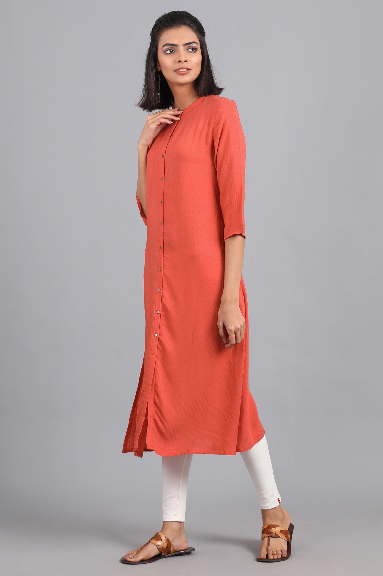 Orange Mandarin Neck Solid kurta