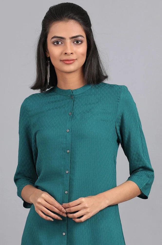 Teal Green Mandarin Neck Solid kurta - wforwoman