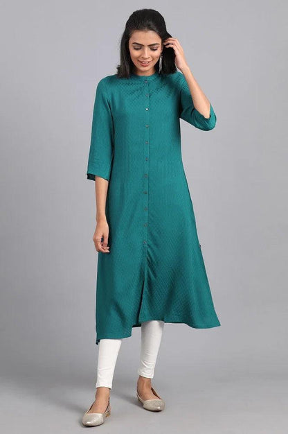 Teal Green Mandarin Neck Solid kurta - wforwoman