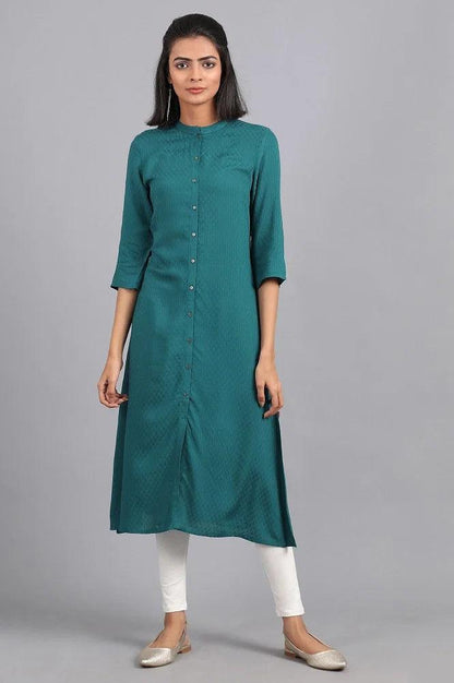 Teal Green Mandarin Neck Solid kurta - wforwoman