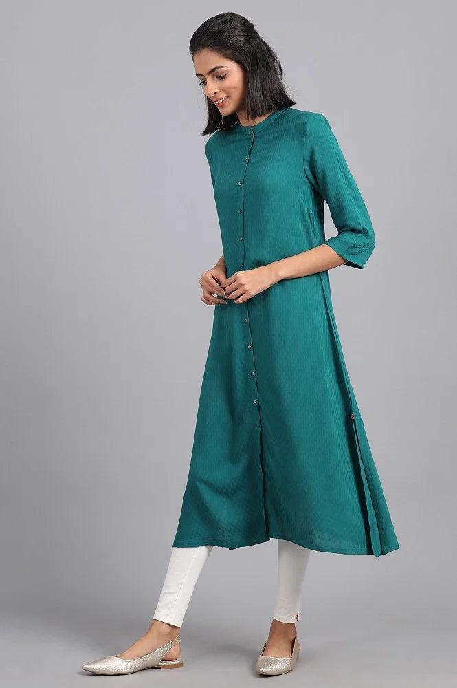 Teal Green Mandarin Neck Solid kurta - wforwoman