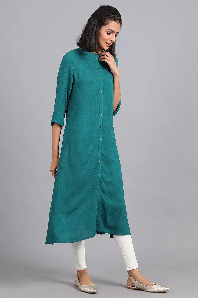 Teal Green Mandarin Neck Solid kurta - wforwoman