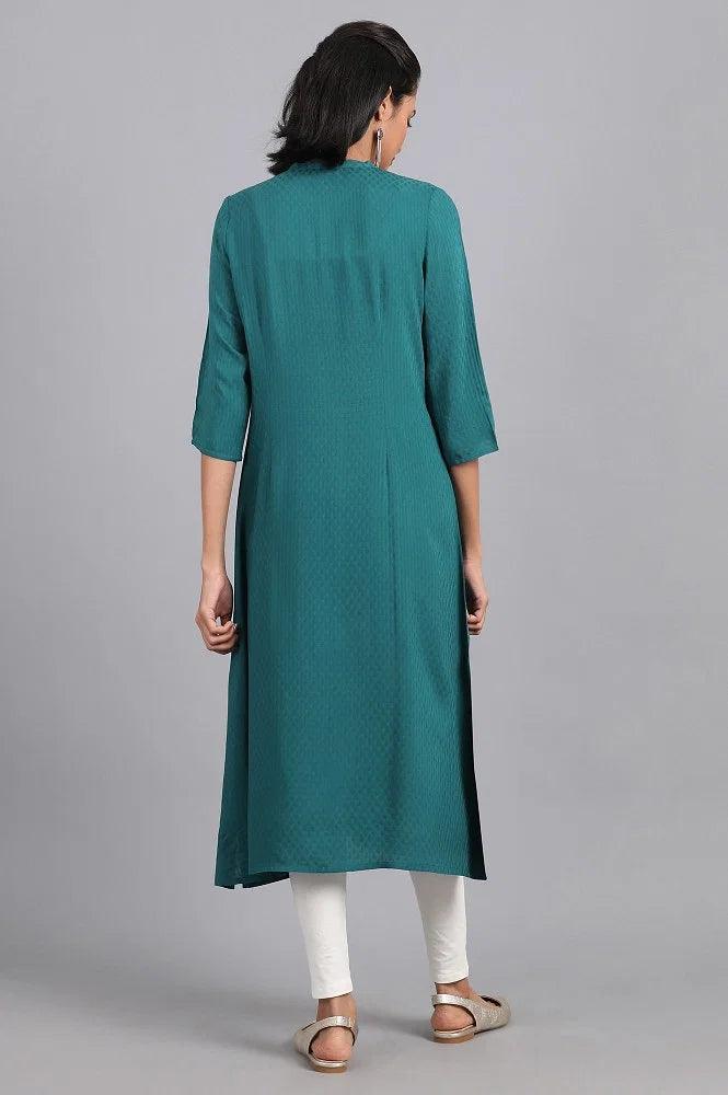 Teal Green Mandarin Neck Solid kurta - wforwoman