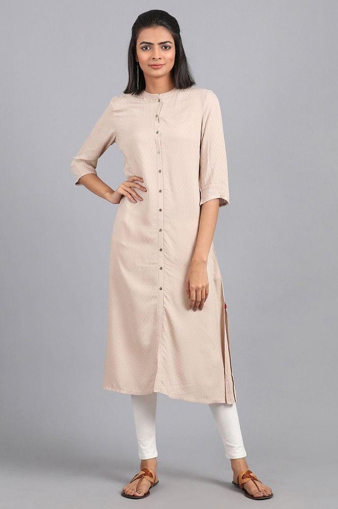 Beige Mandarin Neck Solid kurta - wforwoman