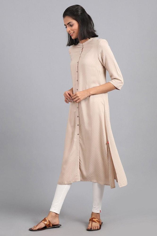 Beige Mandarin Neck Solid kurta - wforwoman