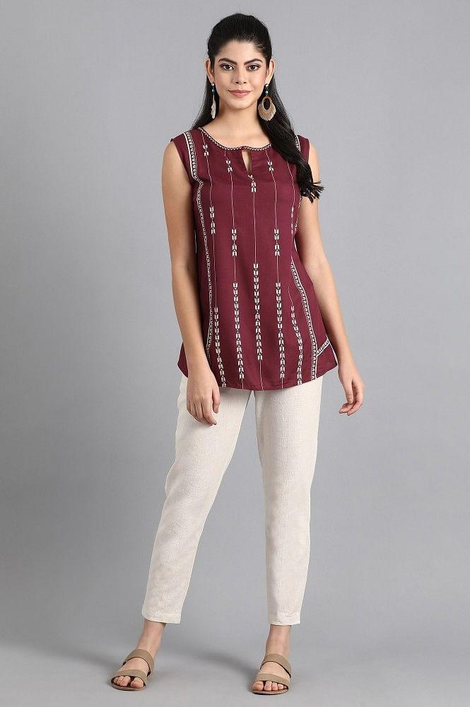 Wine Round Neck Printed Top - wforwoman