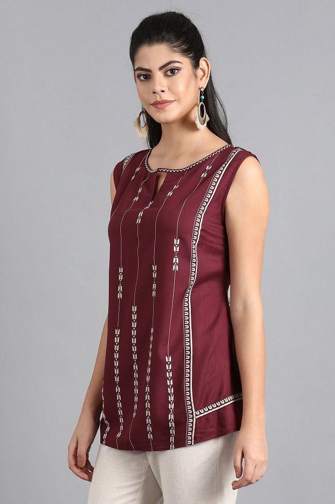 Wine Round Neck Printed Top - wforwoman