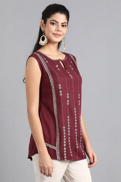 Wine Round Neck Printed Top - wforwoman