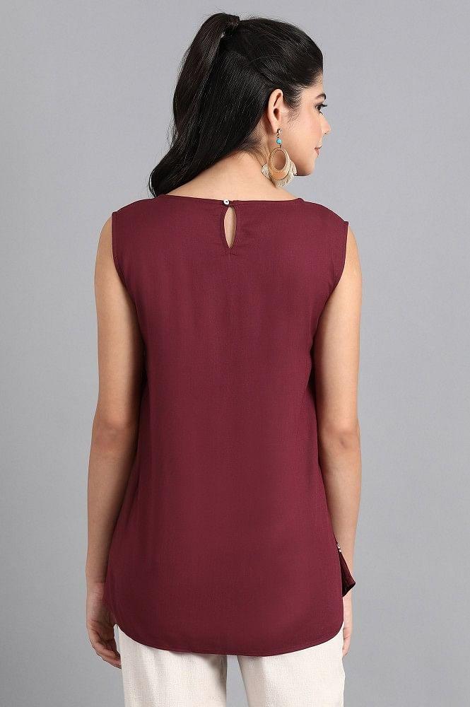 Wine Round Neck Printed Top - wforwoman