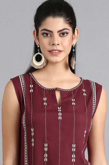 Wine Round Neck Printed Top - wforwoman