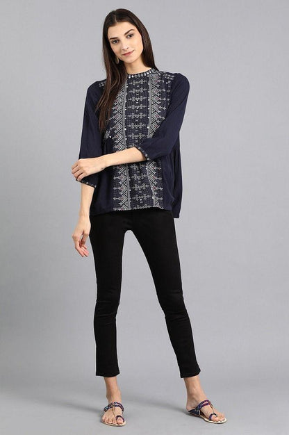 Blue Mandarin Neck Printed Top - wforwoman