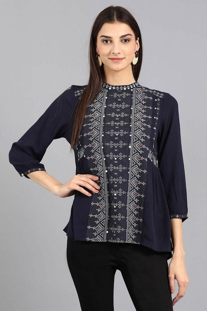 Blue Mandarin Neck Printed Top - wforwoman