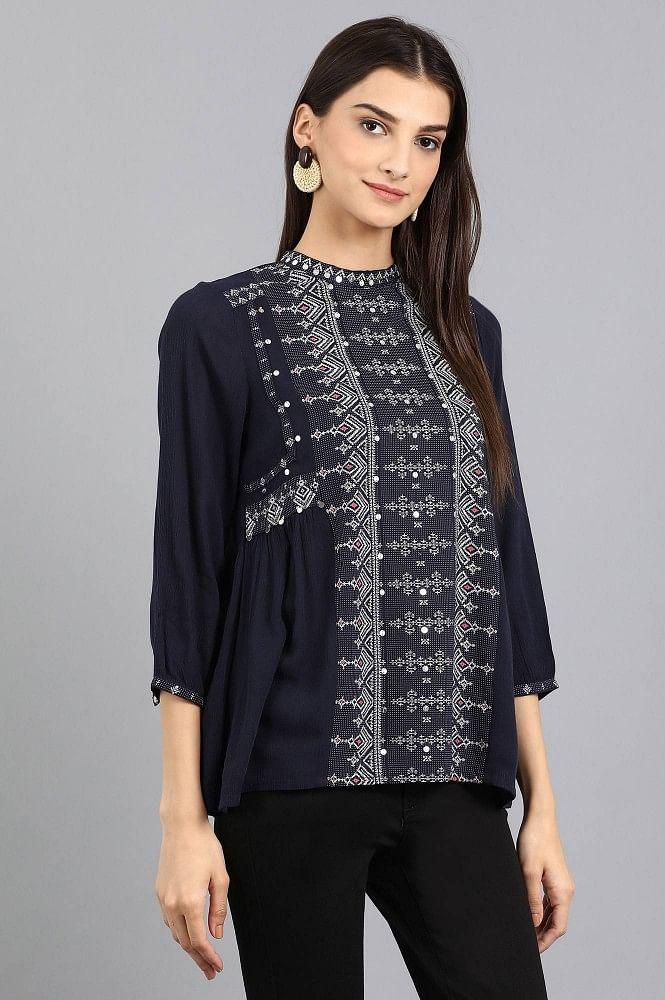 Blue Mandarin Neck Printed Top - wforwoman