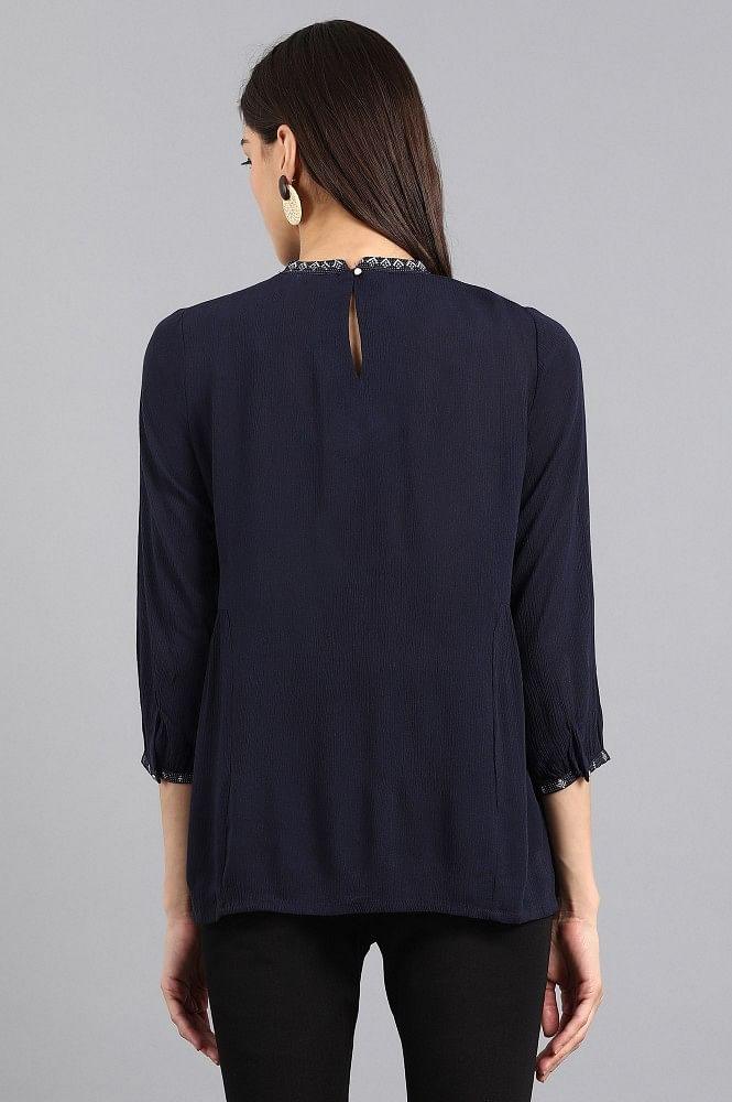 Blue Mandarin Neck Printed Top - wforwoman