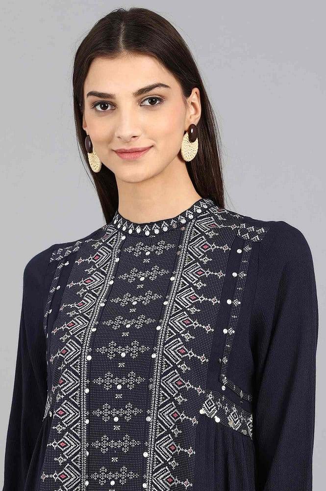 Blue Mandarin Neck Printed Top - wforwoman