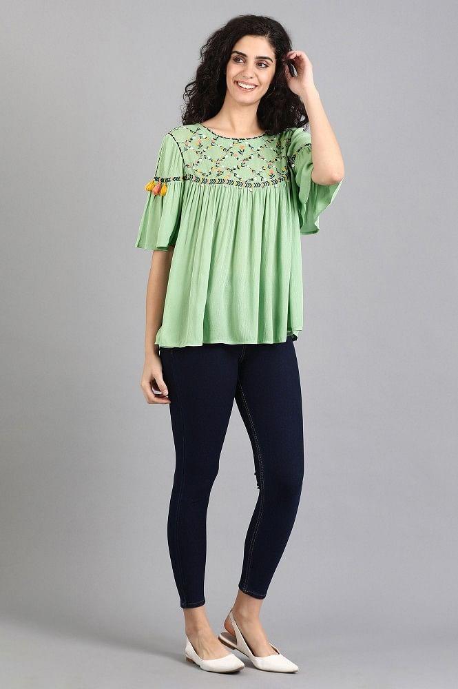 Green Round Neck Solid Top - wforwoman