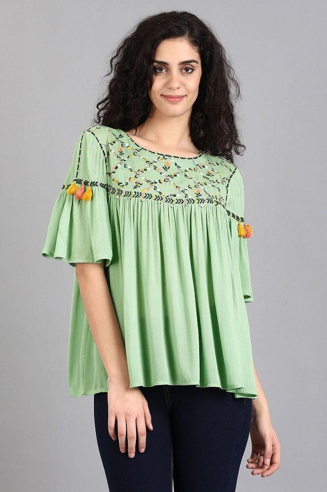 Green Round Neck Solid Top - wforwoman