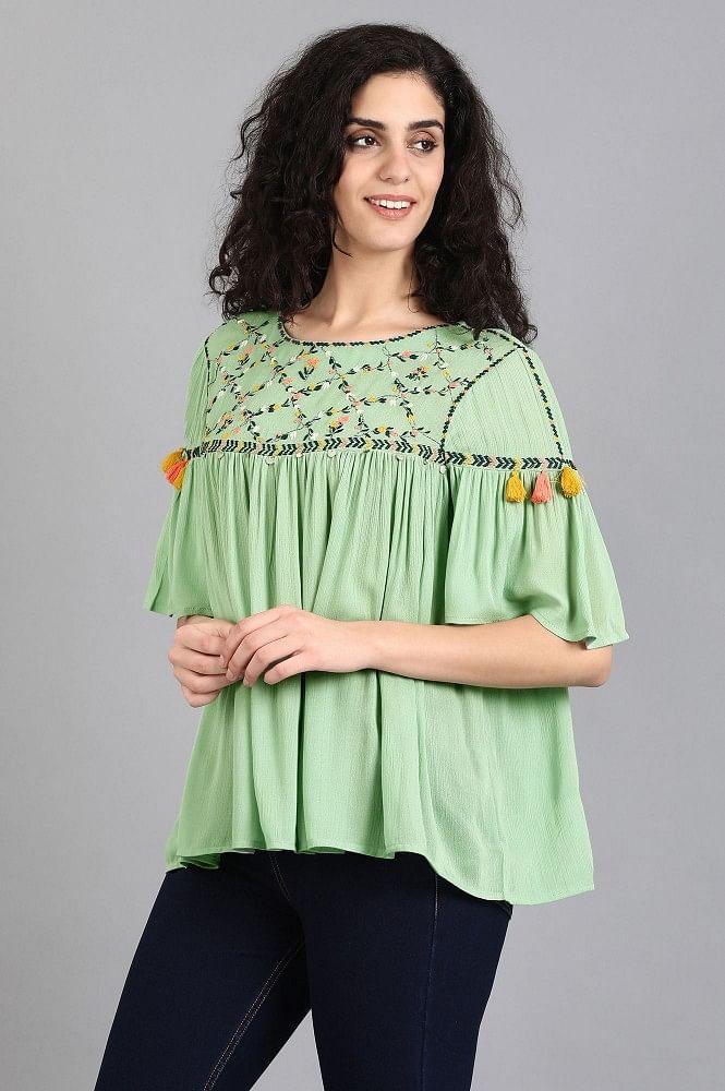 Green Round Neck Solid Top - wforwoman