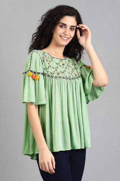 Green Round Neck Solid Top - wforwoman