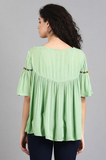 Green Round Neck Solid Top - wforwoman