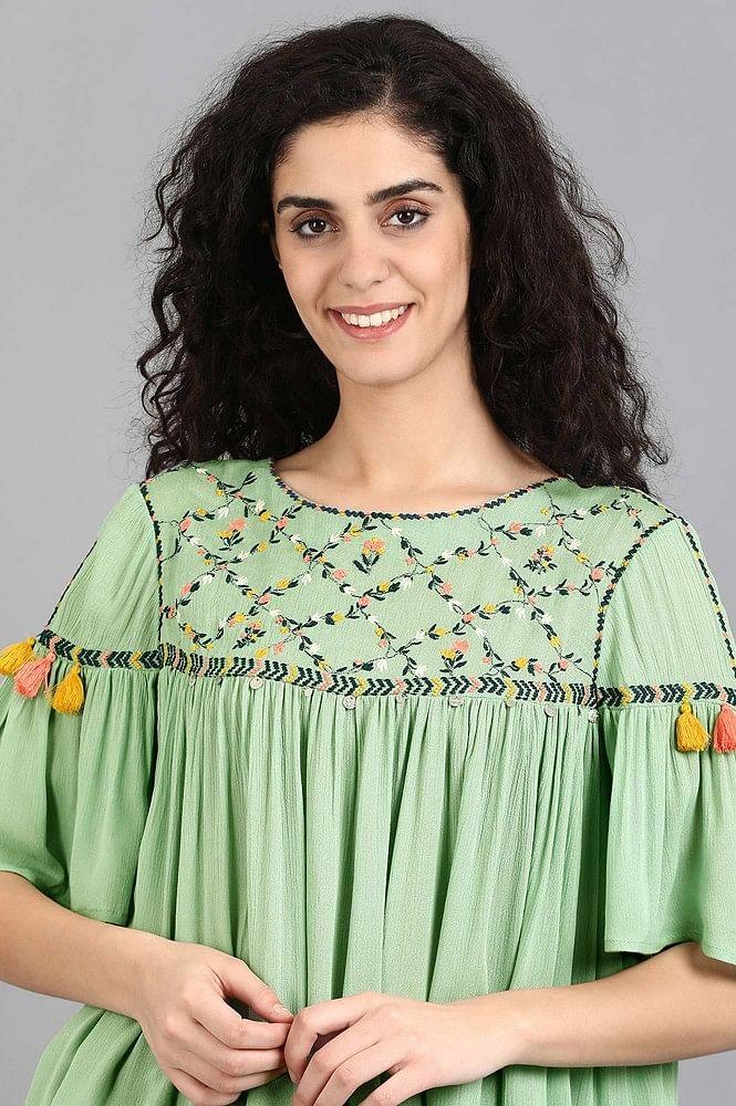 Green Round Neck Solid Top - wforwoman