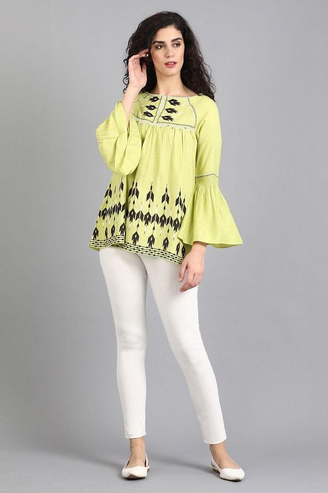 Green Round Neck Printed Top - wforwoman