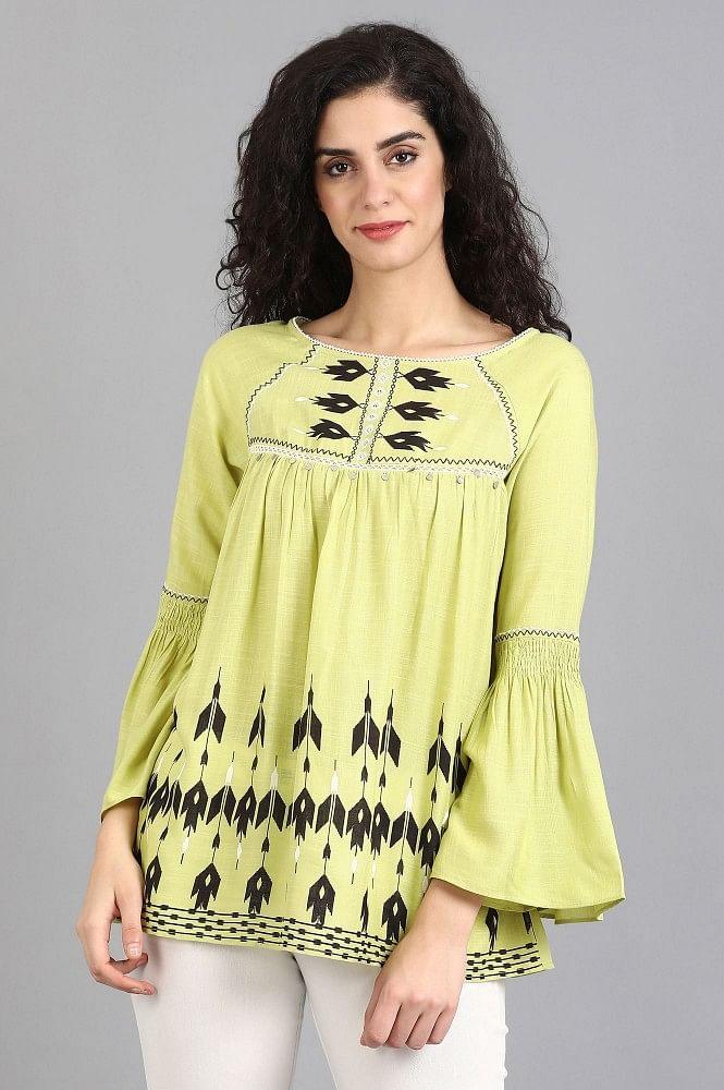 Green Round Neck Printed Top - wforwoman