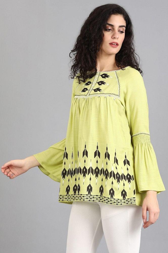 Green Round Neck Printed Top - wforwoman