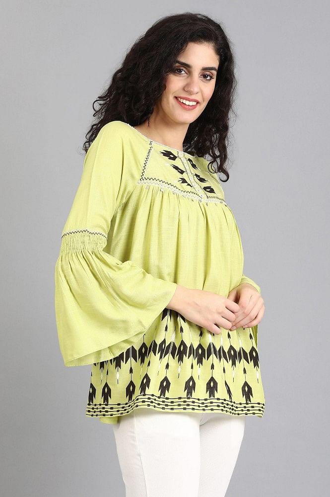 Green Round Neck Printed Top - wforwoman