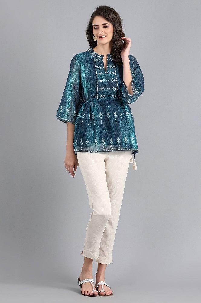 Blue Mandarin Neck Printed Top - wforwoman