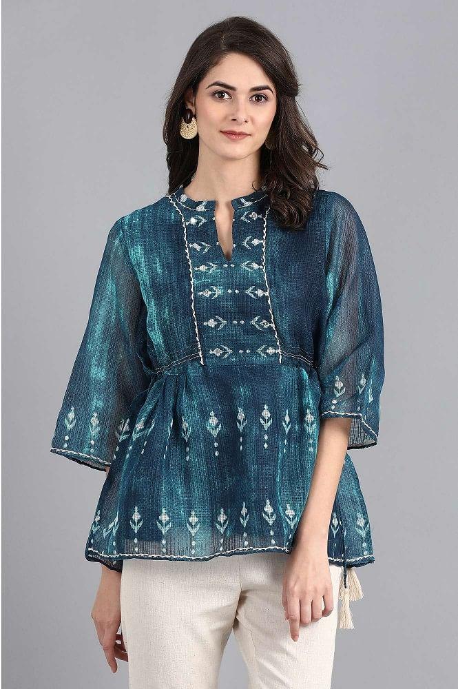 Blue Mandarin Neck Printed Top - wforwoman