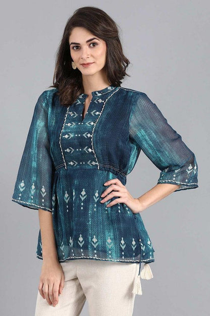 Blue Mandarin Neck Printed Top - wforwoman