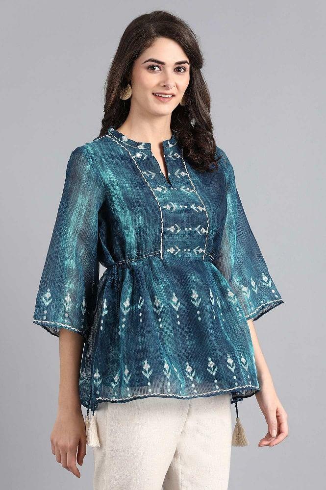 Blue Mandarin Neck Printed Top - wforwoman