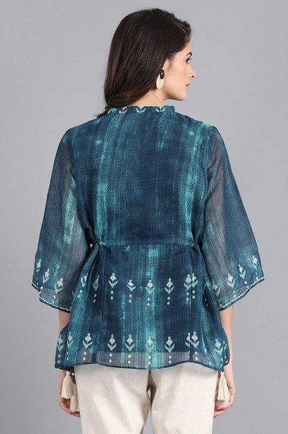 Blue Mandarin Neck Printed Top - wforwoman